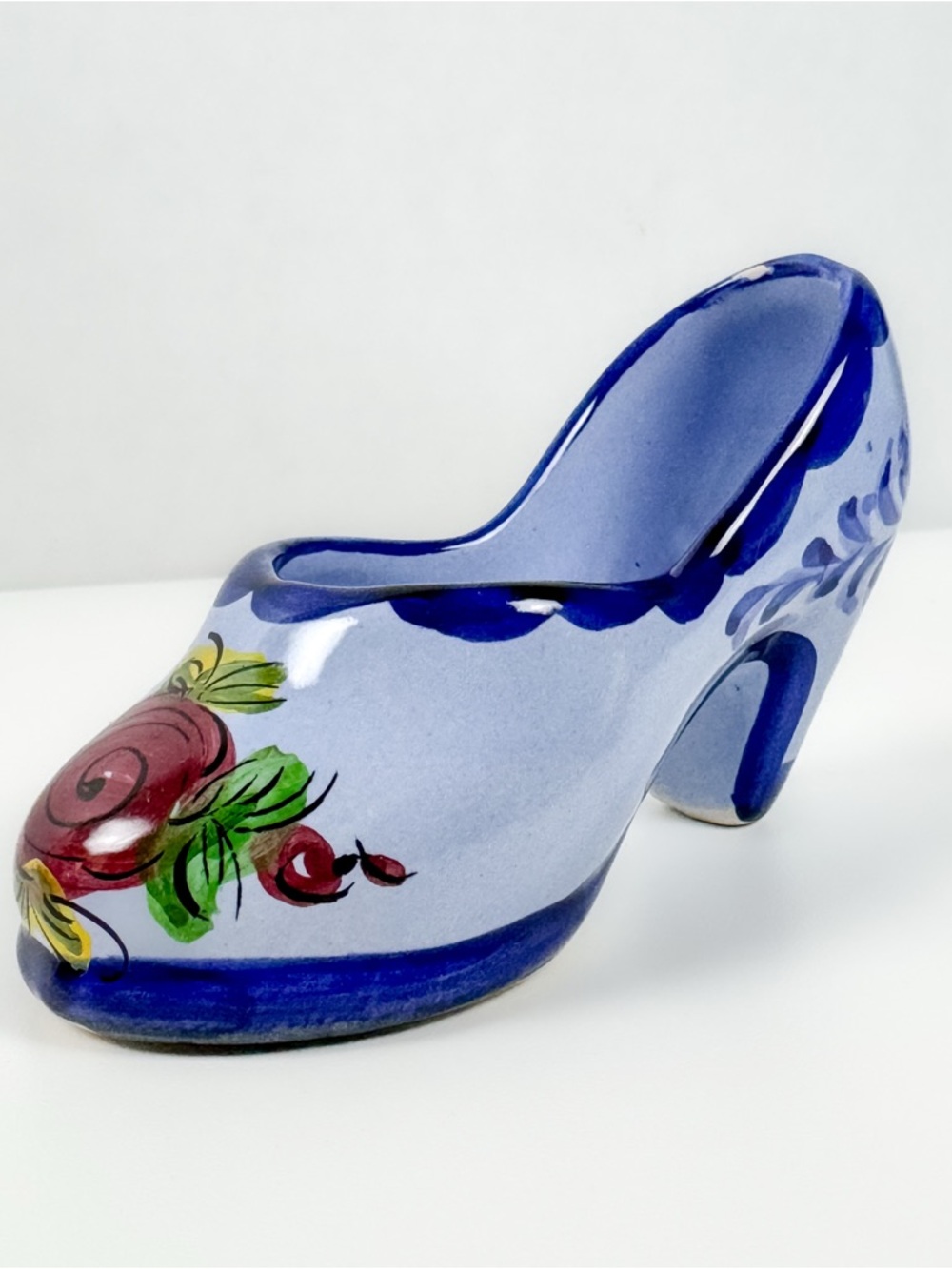 Vintage Portugal Miniature Porcelain Shoe - Blue High Heel with Floral Design - Picture 10 of 10